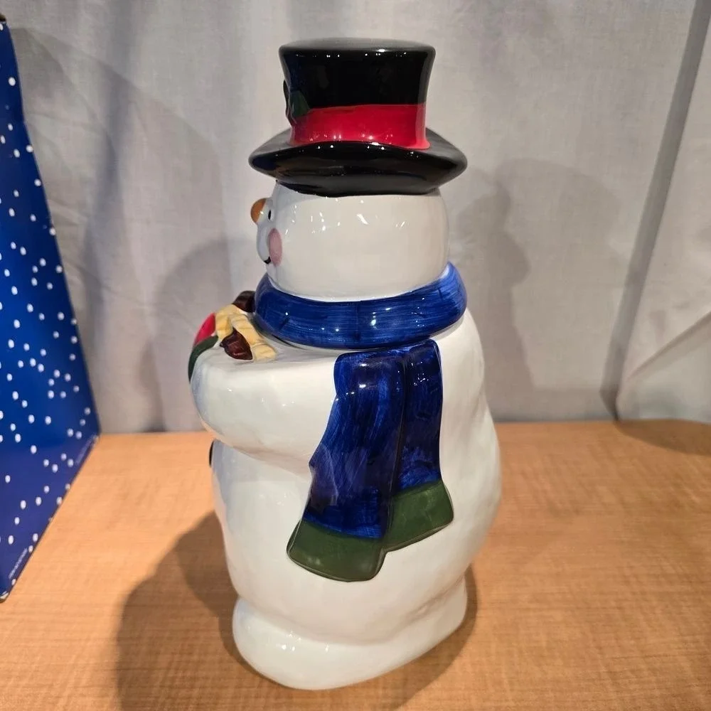 Snowman Cookie Jar Top Hat‎ Blue Scarf Holding Cookies with Original Box